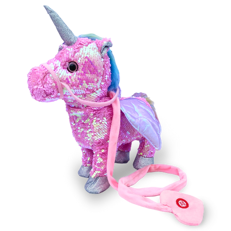 Side view of the Walking Sequin Pink Unicorn toy, highlighting its sequined texture and the leash mechanism.