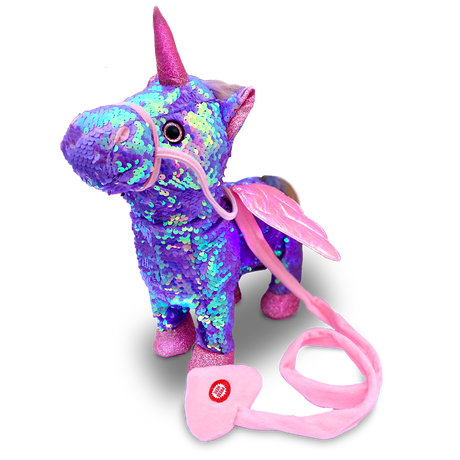 Side view of the Walking Sequin Purple Unicorn toy, highlighting its sequined texture and the leash mechanism.