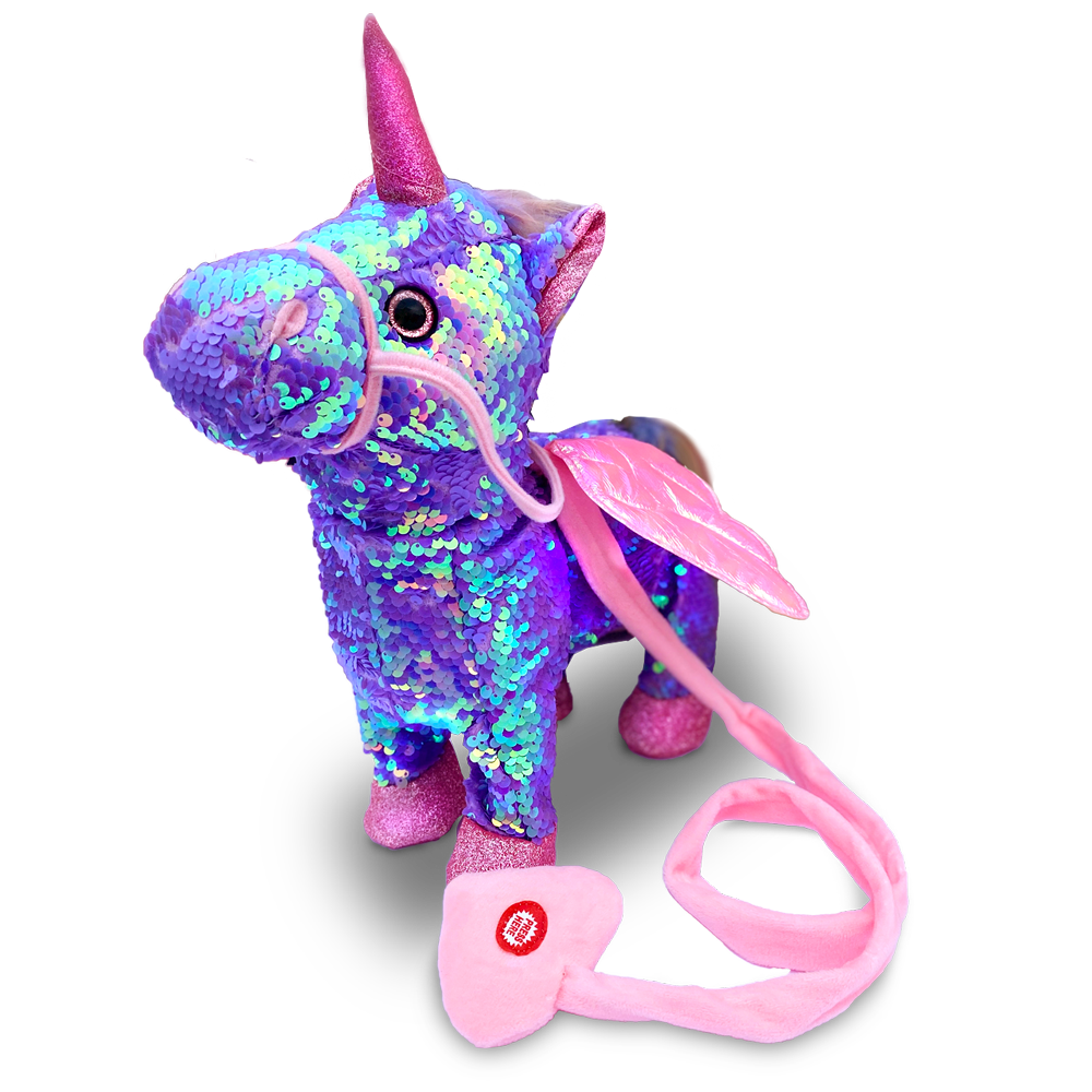 Side view of the Walking Sequin Purple Unicorn toy, highlighting its sequined texture and the leash mechanism.